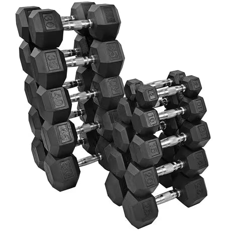 (5lb-50lb) Rubber Hex Dumbbell Set (No Rack)