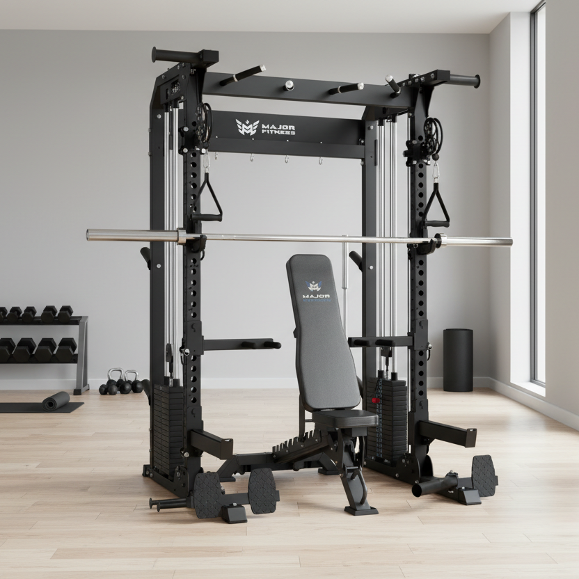 Black gym equipment with MAJOR branding on a white background