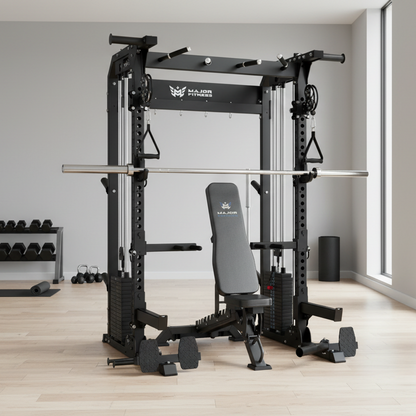 Black gym equipment with MAJOR branding on a white background