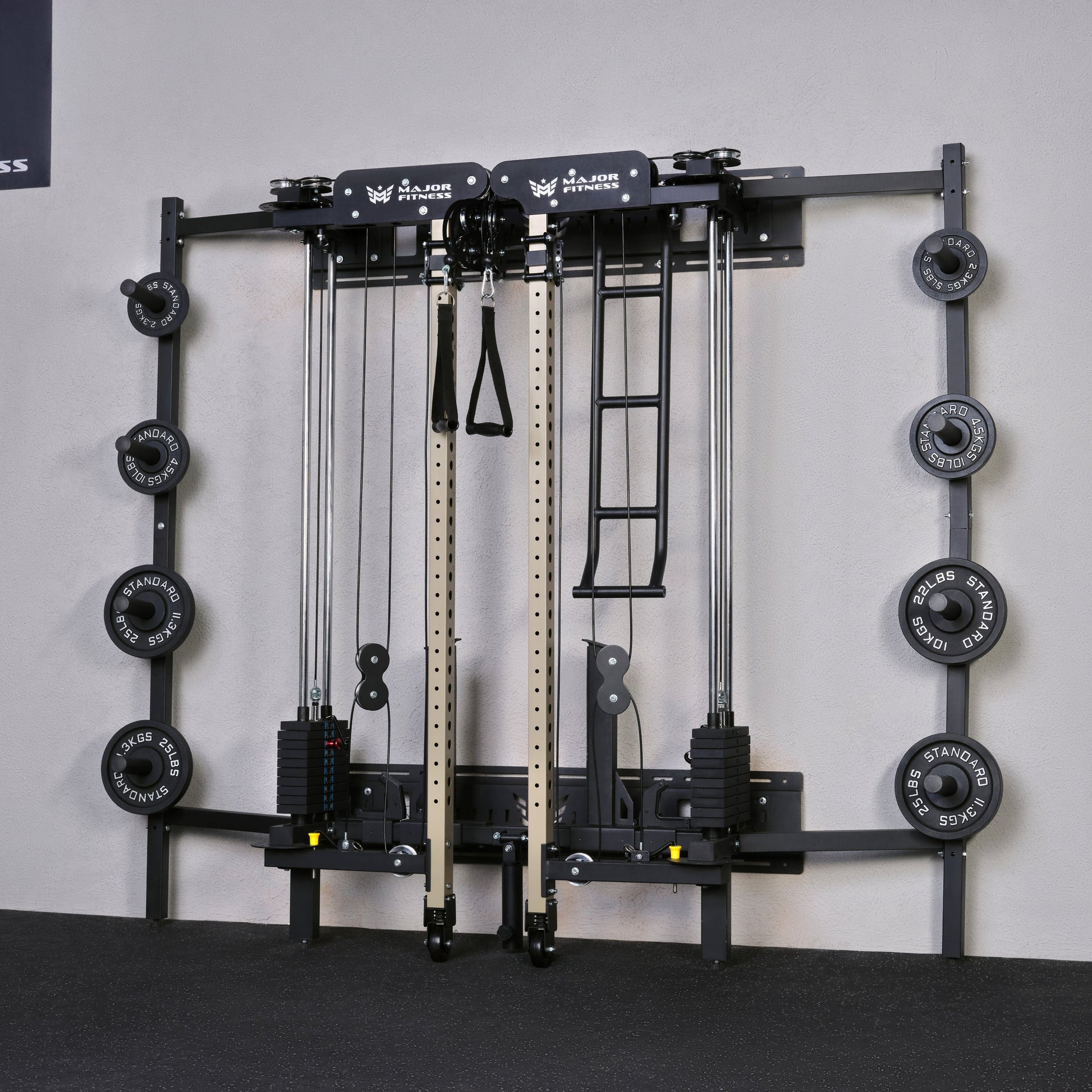 Gym cable machine against a gray wall with 'Major Fitness' branding.