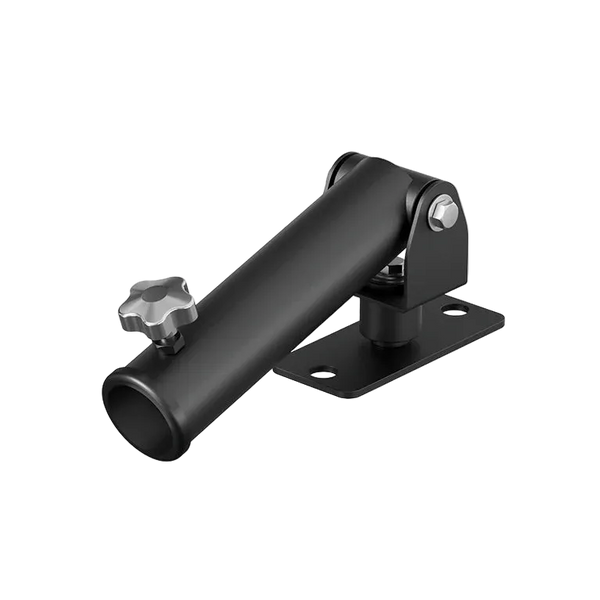 Black metal bracket with a cylindrical component on a white background