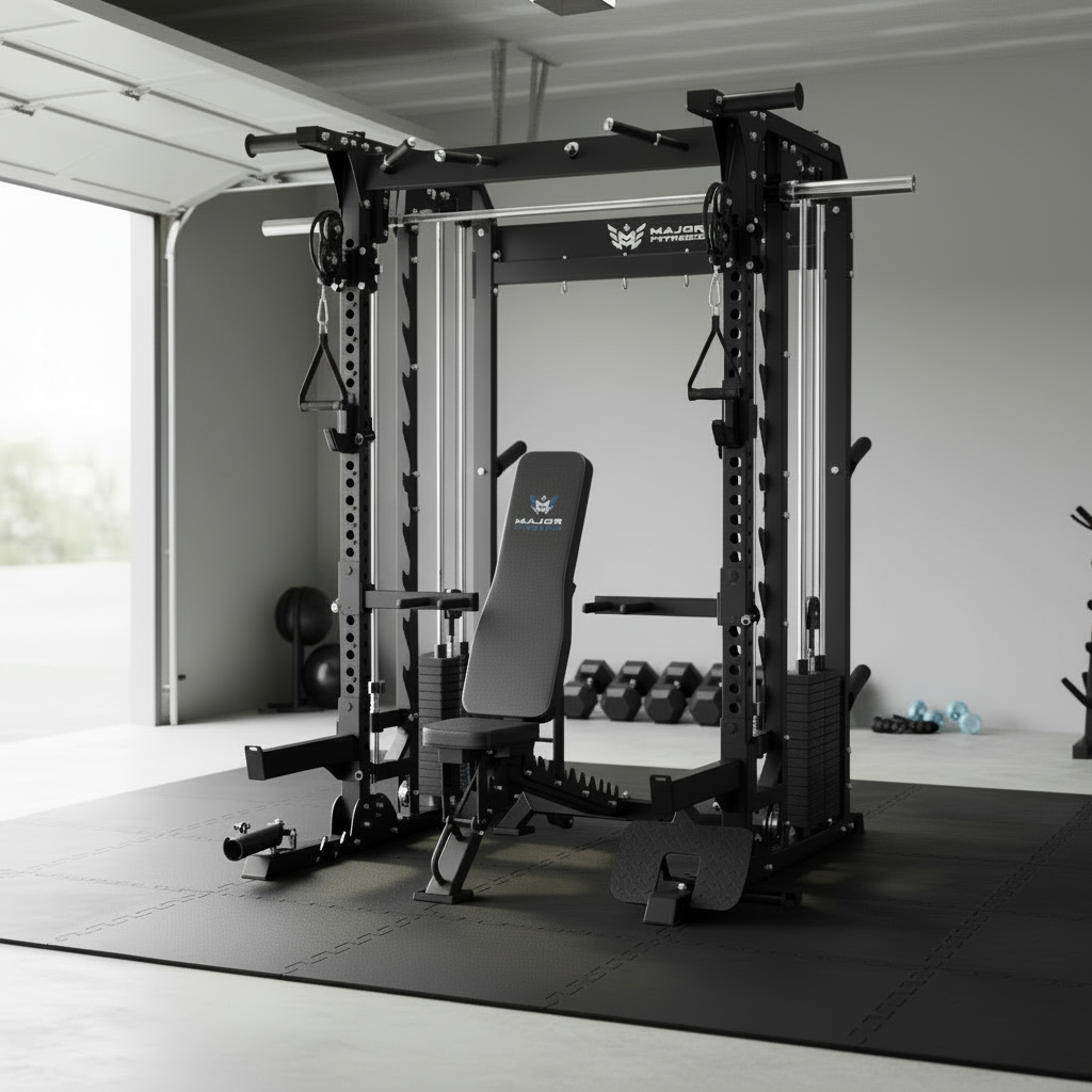 Black gym equipment frame with 'MAJOR' branding on a white background