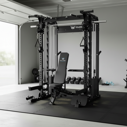 Black gym equipment frame with 'MAJOR' branding on a white background