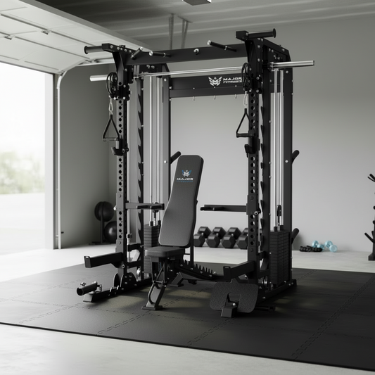 Black gym equipment frame with 'MAJOR' branding on a white background