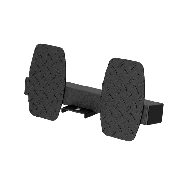 Black metal hitch receiver with textured surface on a white background