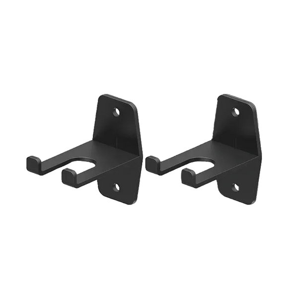 Two black metal wall hooks on a white background