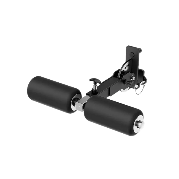 Black exercise roller with two cylindrical wheels on a white background