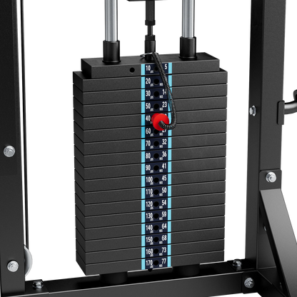 Stack of weight plates on a weightlifting machine with digital display