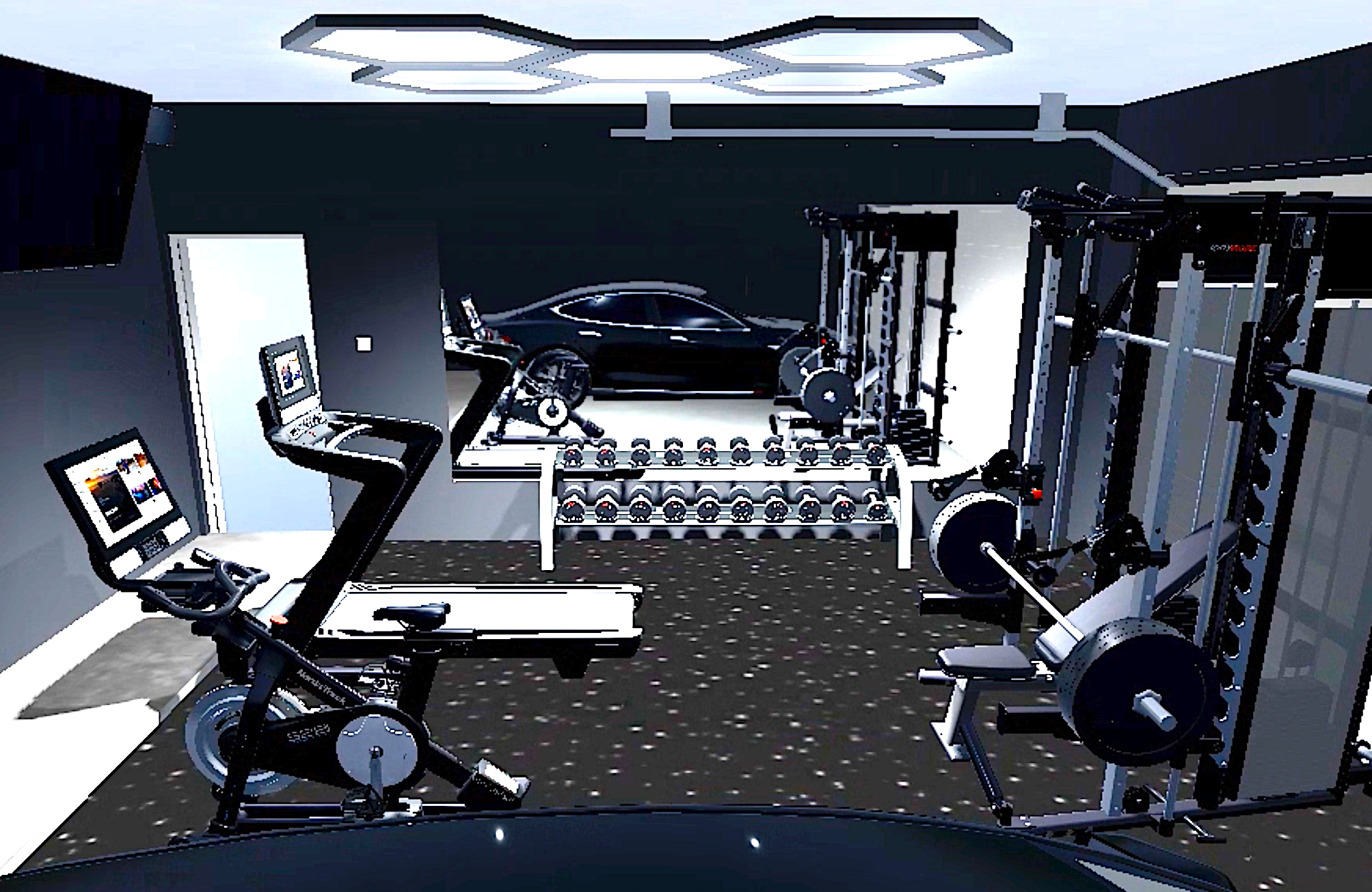 Gym interior with exercise equipment and a car on a lift.