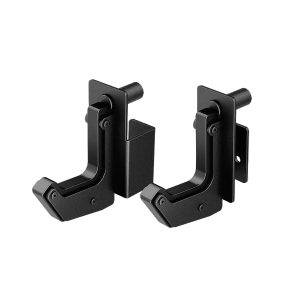 Two black metal brackets on a white background