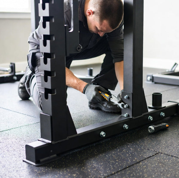 Person assembling a weightlifting bench in a gym setting
