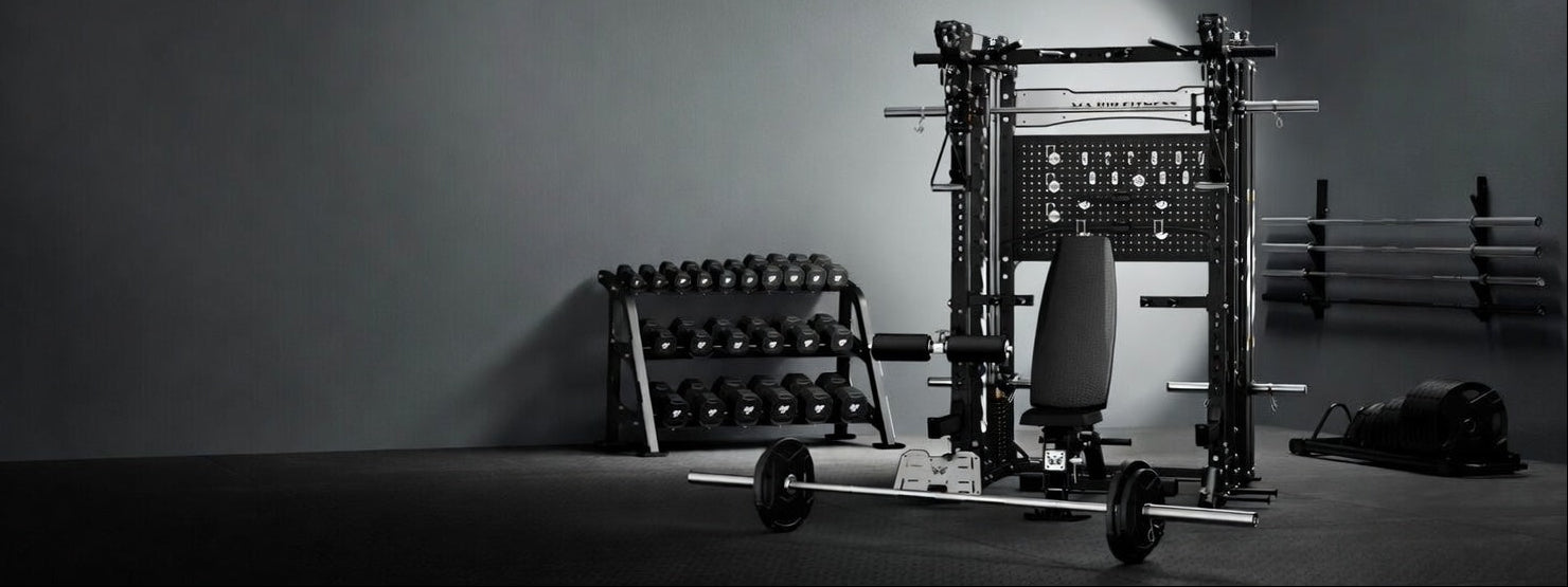 Gym equipment including a weight rack and resistance bands against a plain wall.