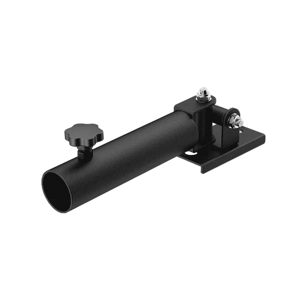 Black metal bracket with cylindrical component on a white background