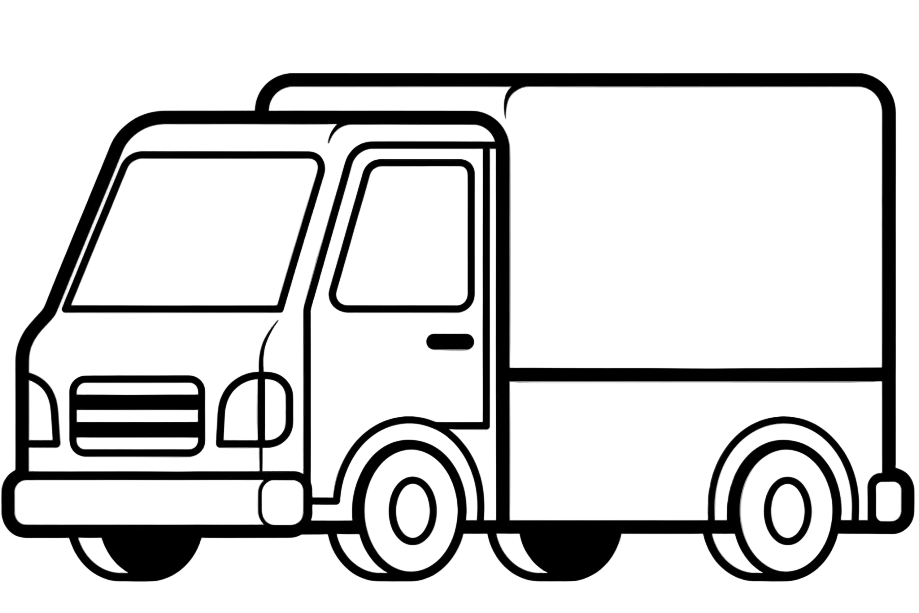 Black and white line drawing of a truck on a white background
